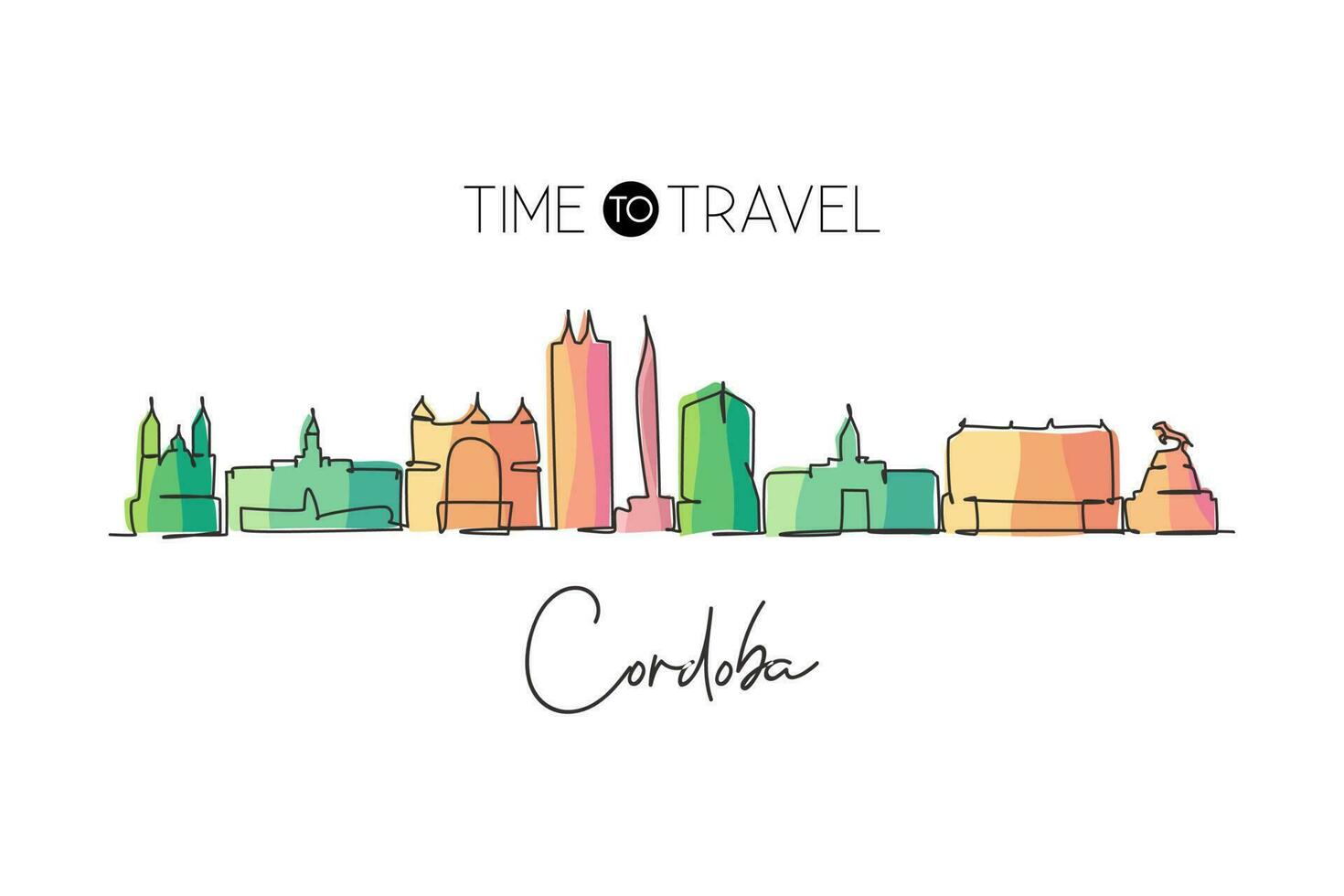 enkele lijntekening cordoba skyline van de stad, argentinië. wereld historisch stadslandschap. beste vakantiebestemming briefkaart. bewerkbare lijn trendy doorlopende lijn tekenen ontwerp vectorillustratie vector