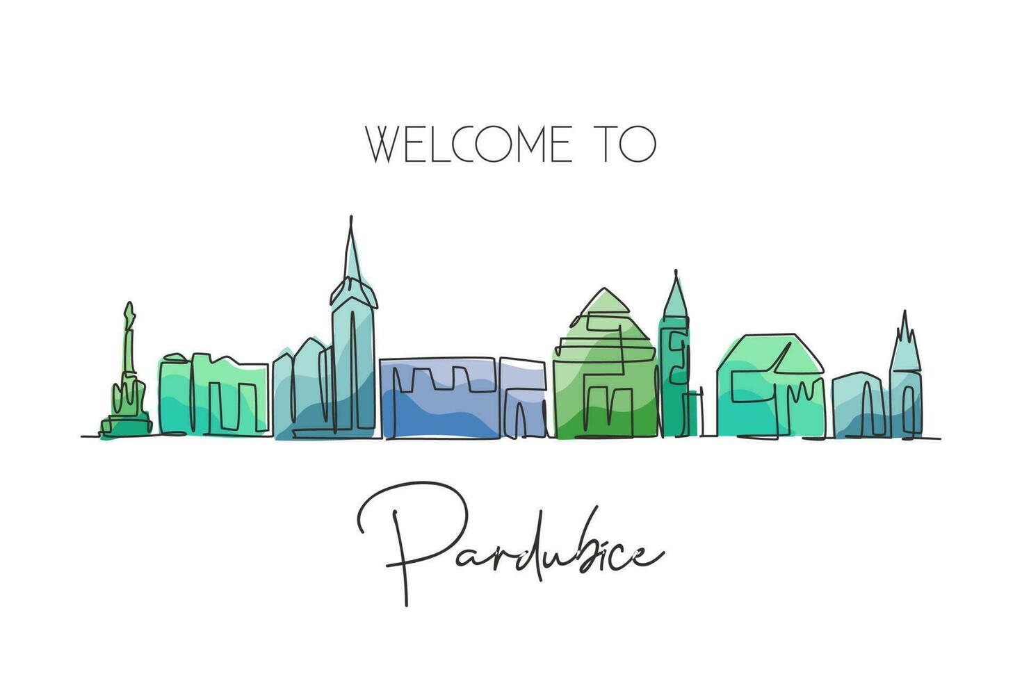 enkele lijntekening pardubice skyline van de stad, tsjechische republiek. wereld historisch stadslandschap. beste vakantiebestemming ansichtkaart print kunst. trendy doorlopende lijn tekenen ontwerp vectorillustratie vector