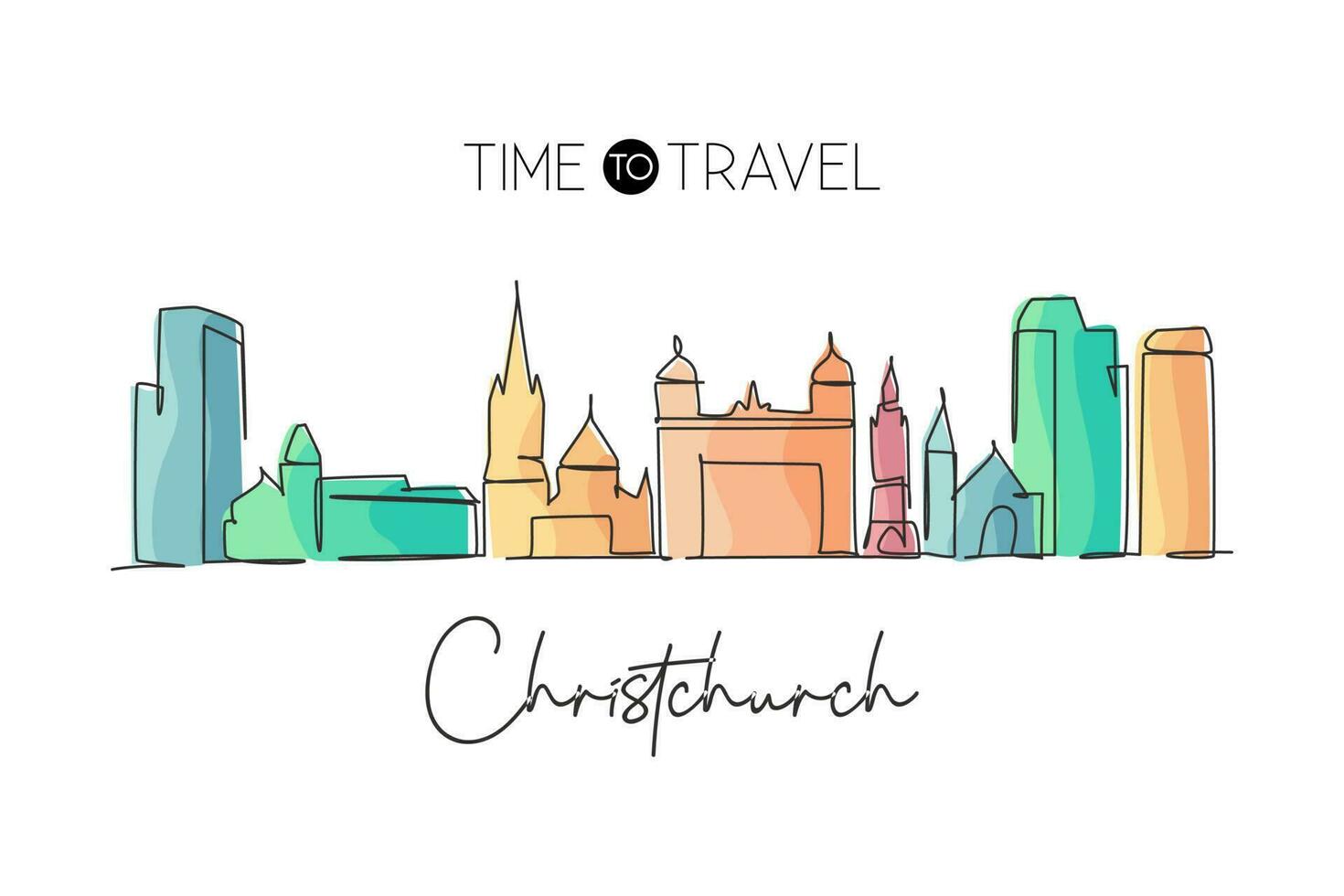 enkele lijntekening christchurch skyline van de stad, nieuw-zeeland. wereldhistorische stadslandschapsgalerij. beste vakantiebestemming briefkaart afdrukken. trendy doorlopende lijn tekenen ontwerp vectorillustratie vector