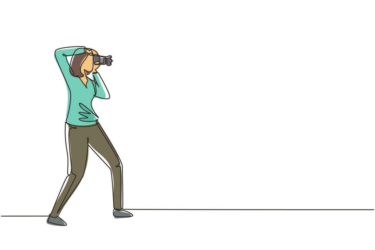 continue één lijntekening vrouw fotograaf gericht doelfoto's, mensen die camera vasthouden, foto's maken. professionele vrouwelijke fotograaf die foto's maakt. enkele lijn tekenen ontwerp vectorillustratie vector