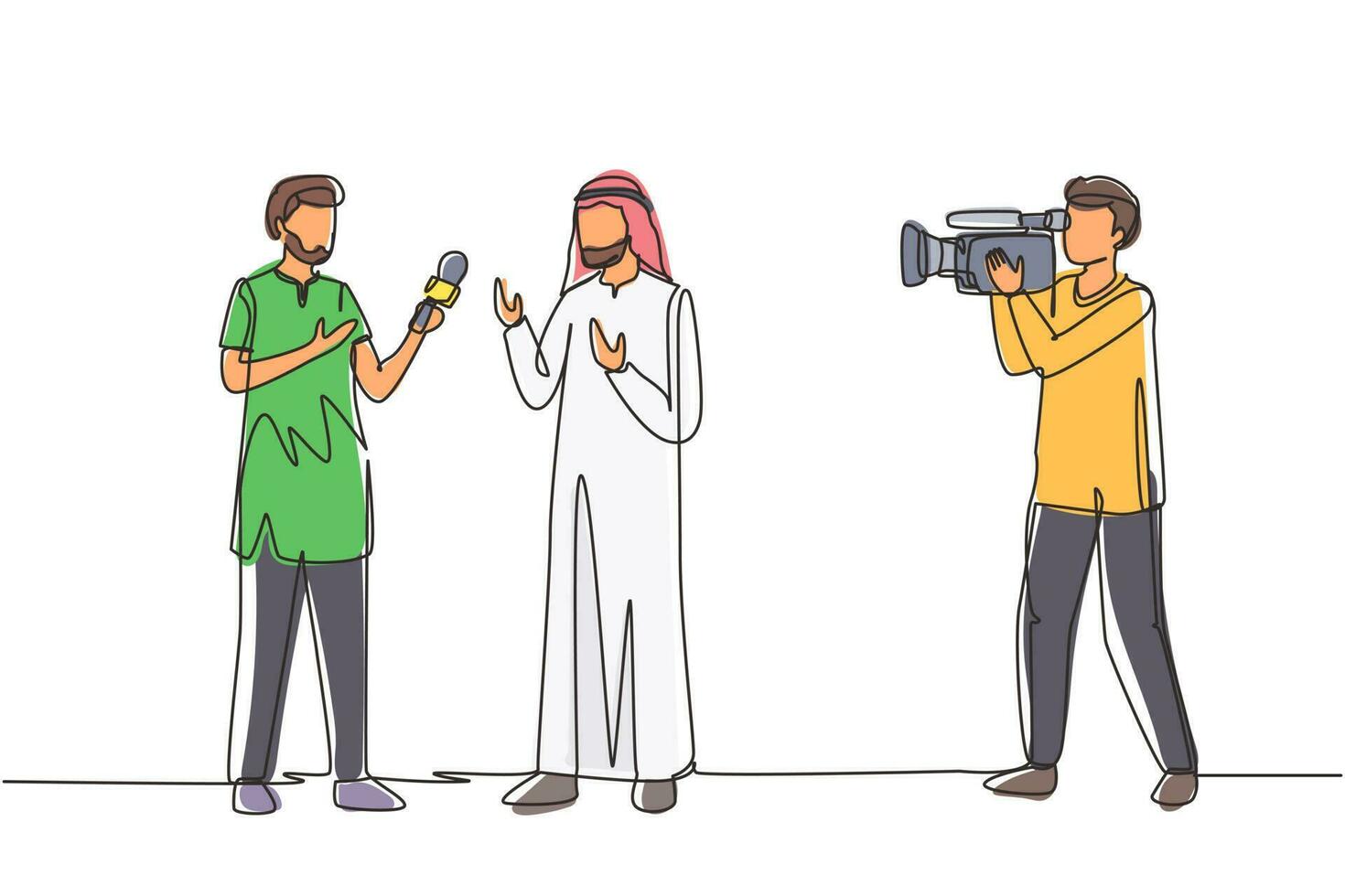 enkele doorlopende lijntekening Arabische journalisten nemen een interview. tv-presentator of verslaggever, cameraman ondervragende arabische man. omroepreportage met cameraman. één lijn tekenen ontwerp vectorillustratie vector