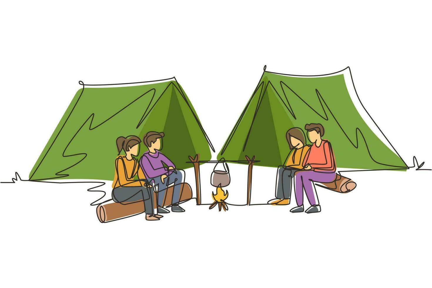 continu een lijntekening twee paar man vrouw wandelaars zittend op log kokend water in kokende pot. groep mensen bij kampvuur in de buurt van kamptent camping natuur bergen. enkele lijn tekenen ontwerp vector