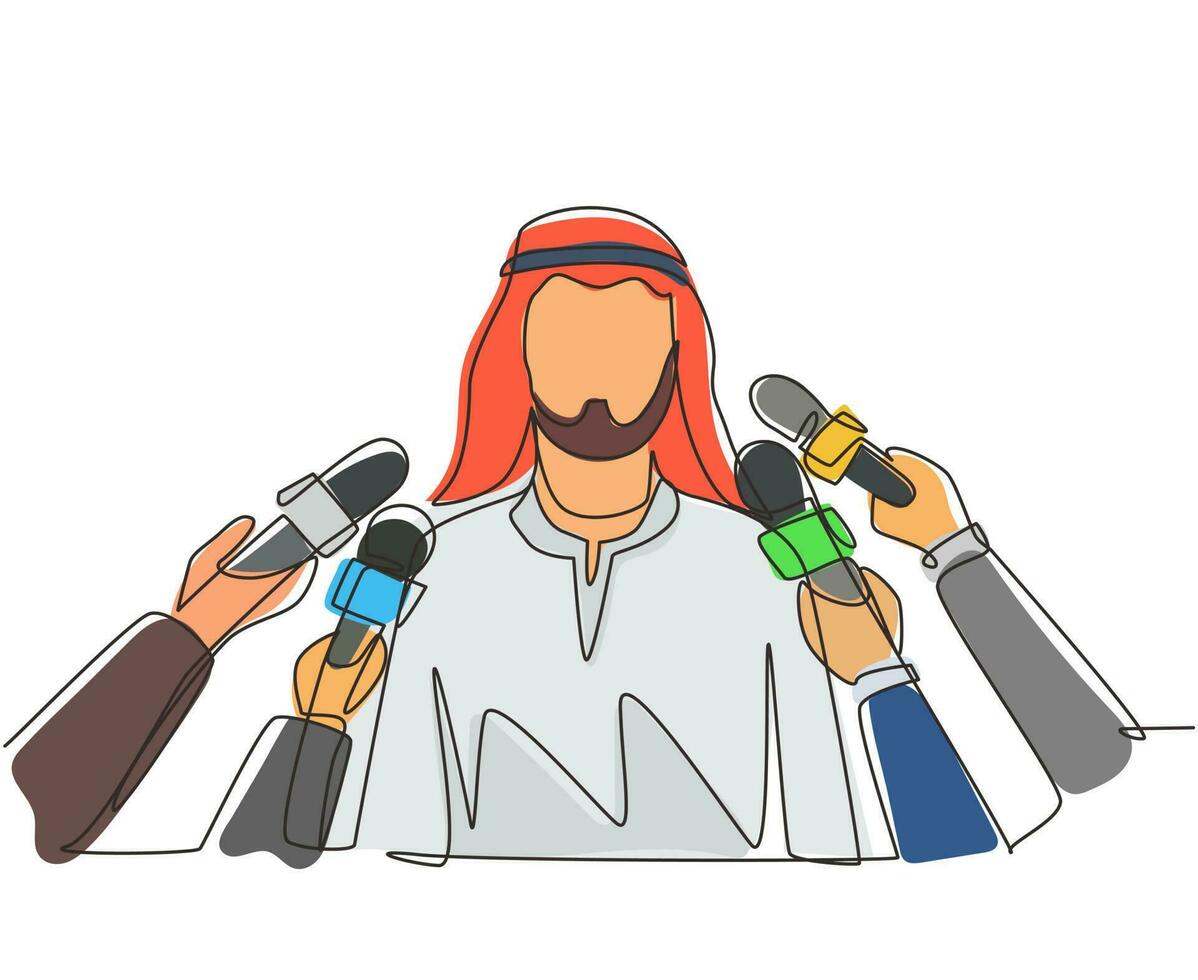 enkele een lijntekening Arabische man interview met microfoons. populair persoon, presentator, beroemdheid, politiek geeft commentaar voor het laatste nieuws, reportage. doorlopende lijn tekenen ontwerp vectorillustratie vector