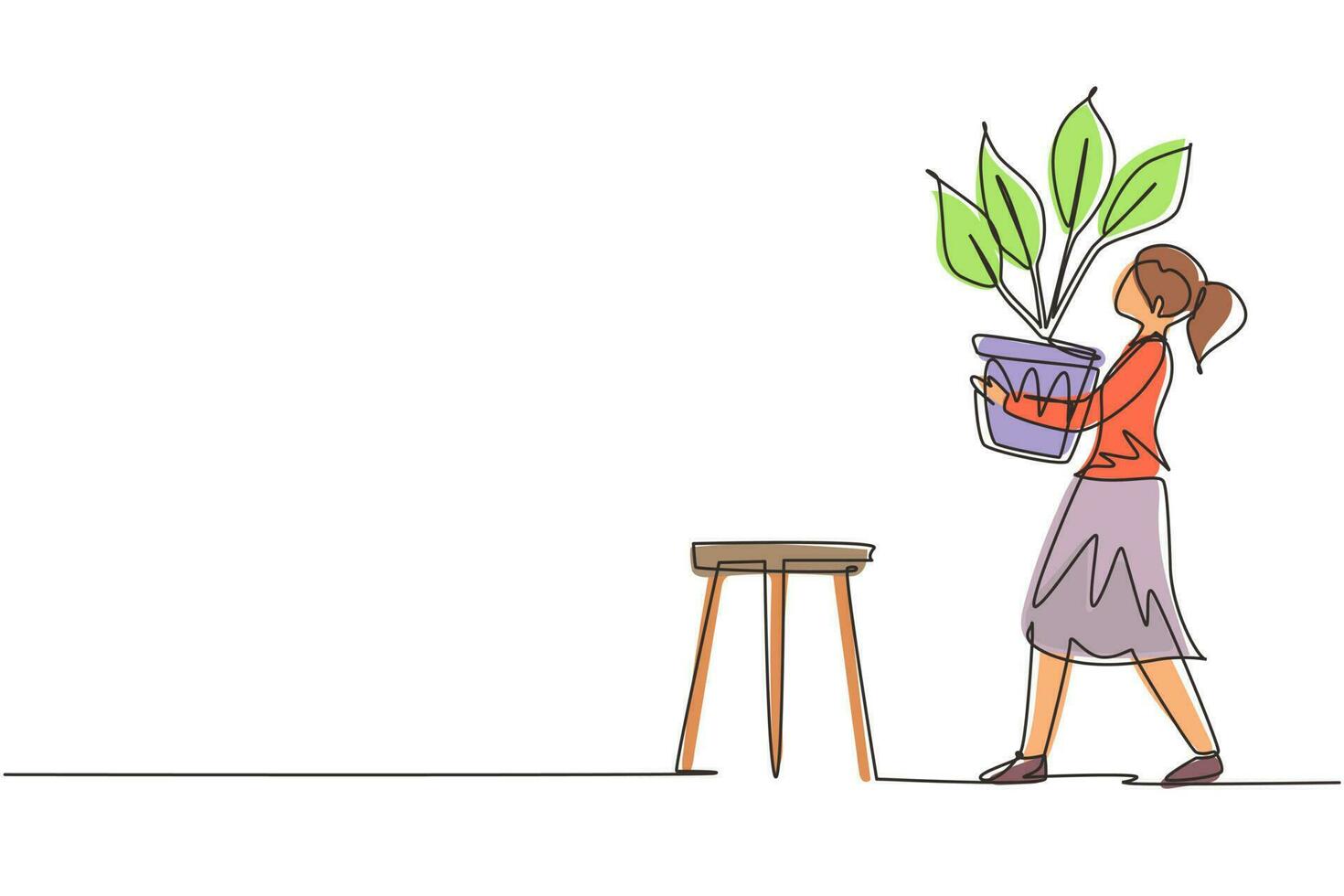 continu één lijntekening jonge vrouw in gezellige kamer houdt pot met plant in haar handen. groeiende en verzorgende kamerplanten. tuinman zorgt voor huis tuin. enkele lijn tekenen ontwerp vectorillustratie vector