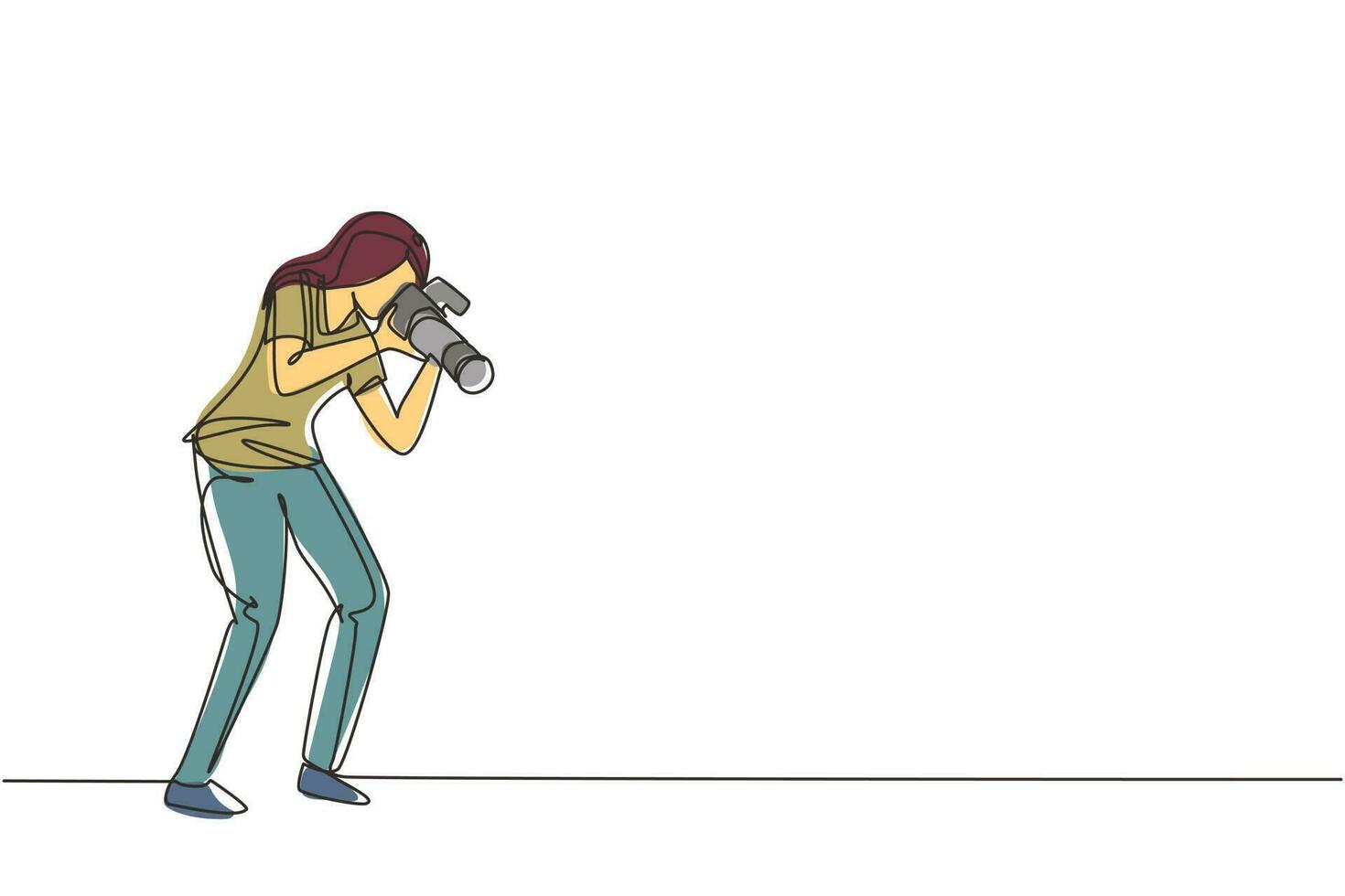 enkele doorlopende lijntekening grappige professionele vrouw fotograaf met camera foto nemen met pose. fotograaf vrouwelijk karakter met digitale camera. één lijn tekenen ontwerp vectorillustratie vector