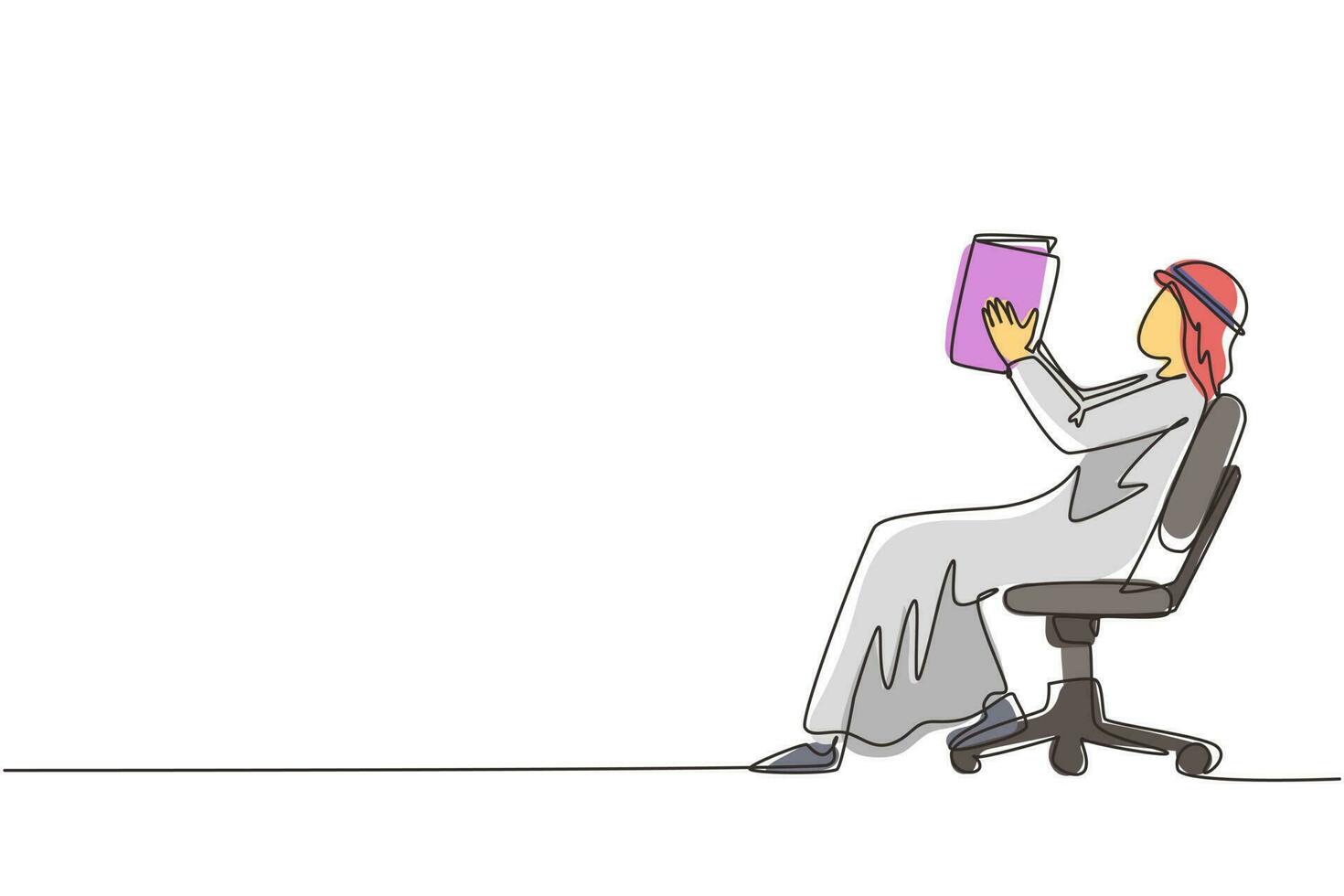 enkele een lijntekening Arabische man leest boek in de stoel. zijaanzicht van het leerproces van een jonge man. stijl van jongen die vrije tijd doorbrengt door literatuur te lezen. ononderbroken lijntekening ontwerp vector