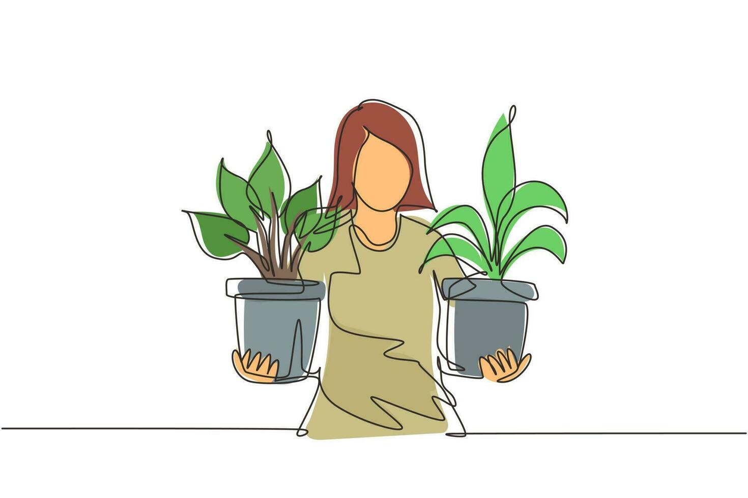 continu één lijntekening jonge vrouw met verschillende kamerplanten in potten. vrouwelijk personage zorgt voor kamerplanten. potplanten in huis. enkele lijn tekenen ontwerp vectorillustratie vector