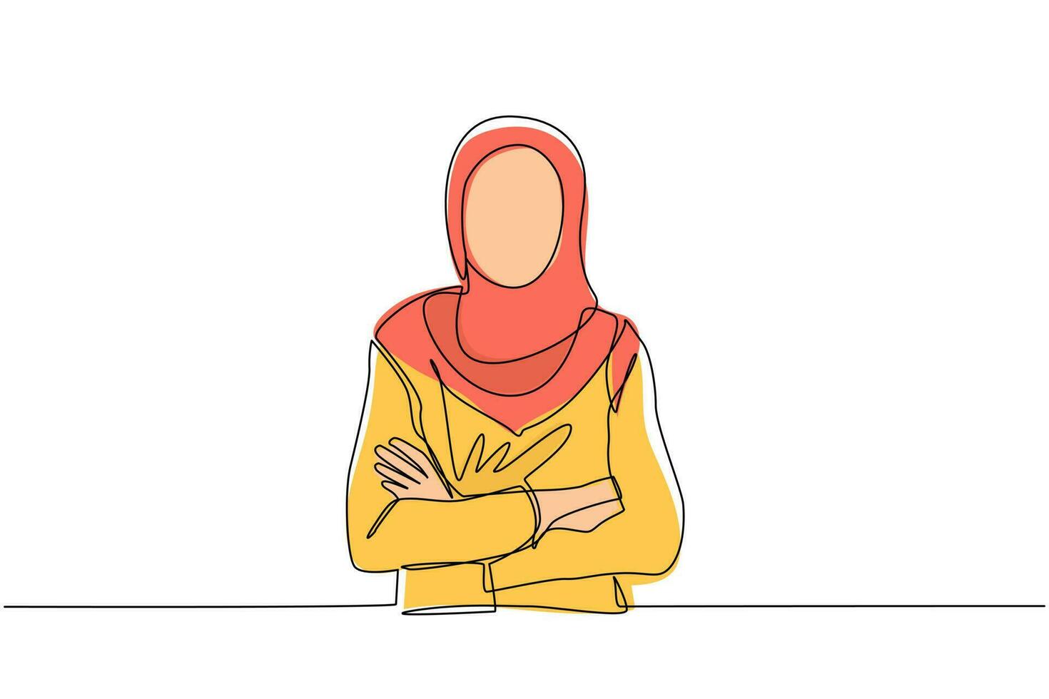 continue één lijntekening glimlachend zelfverzekerde arabische vrouw in hijab, armen gekruist houdend. actieve zakenvrouw permanent met gevouwen armen poseren. enkele lijn tekenen ontwerp vector grafische afbeelding