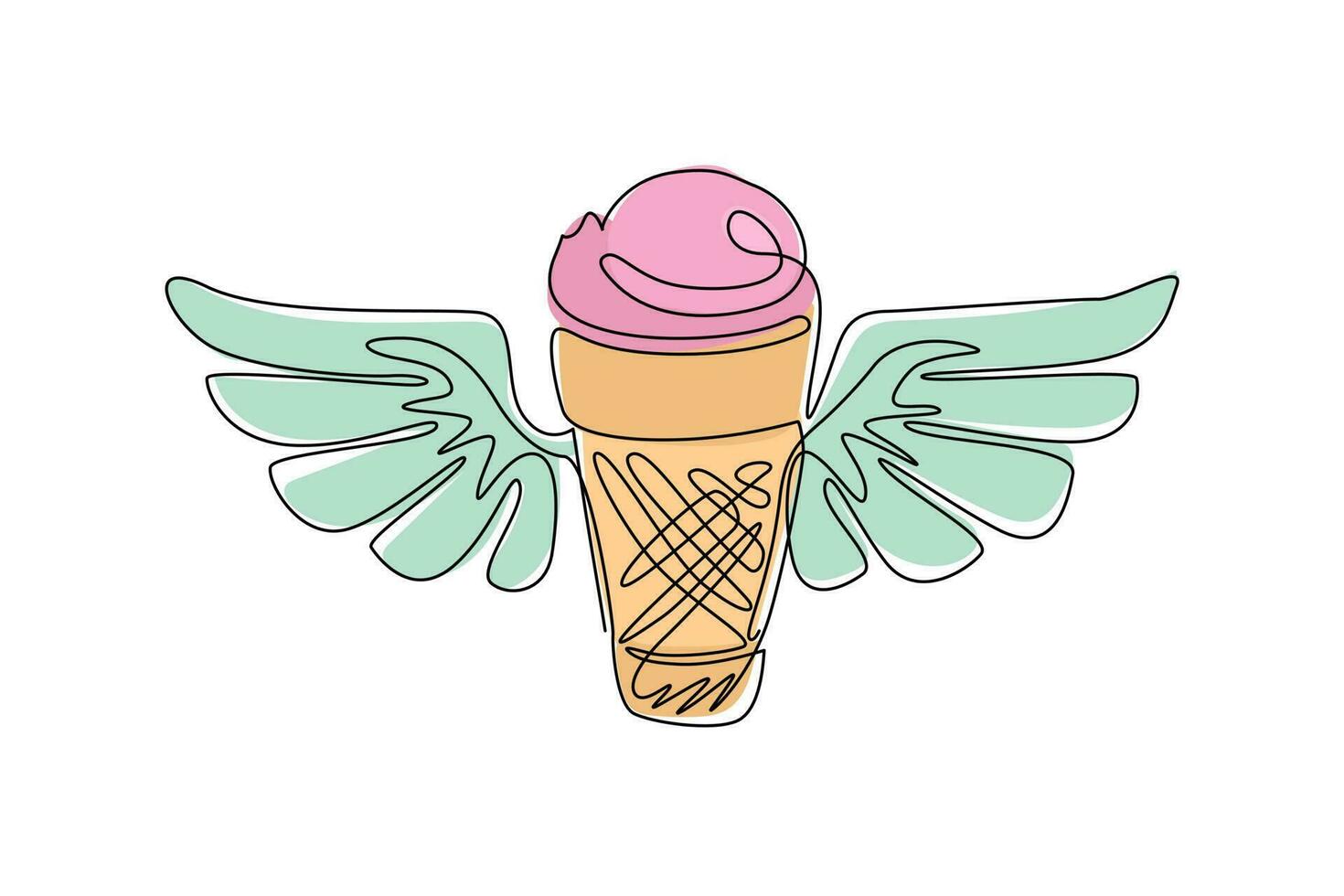 enkele doorlopende lijntekening ijsje met vleugels icoon. gevleugeld bevroren ijslogo voor levensmiddelenbedrijven. heerlijk dessert in de zomer. dynamische één lijn trekken grafisch ontwerp vectorillustratie vector