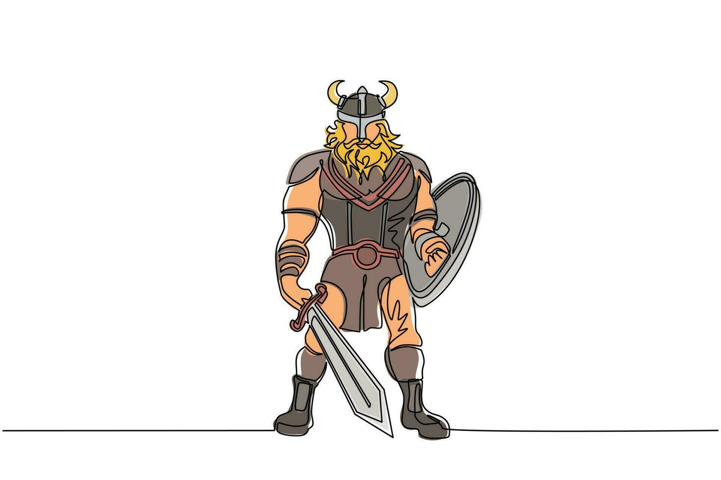 enkele doorlopende lijntekening man krijger viking in gehoornde helm met zwaard en schild. stripfiguur man met wapen staande in oorlogvoerende pose. één lijn tekenen ontwerp vectorillustratie vector