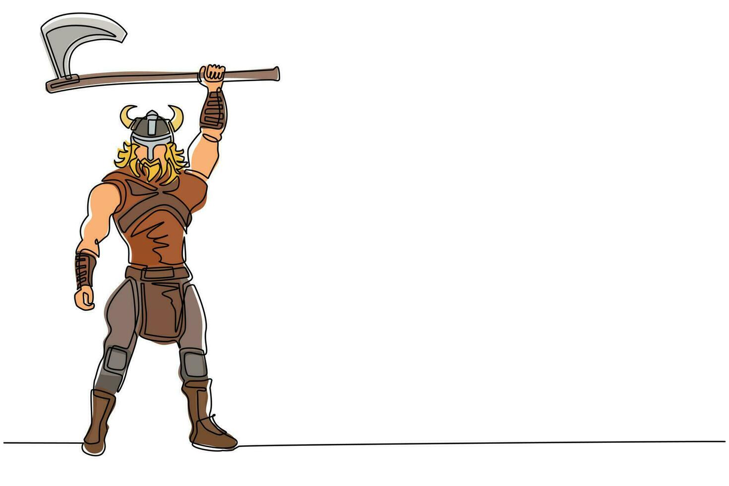 enkele een lijntekening Noordse man die bijl in de lucht houdt. vector van krijger die viking oorlogspantser draagt. karakter uit de heidense en Scandinavische mythologie. doorlopende lijn tekenen ontwerp illustratie