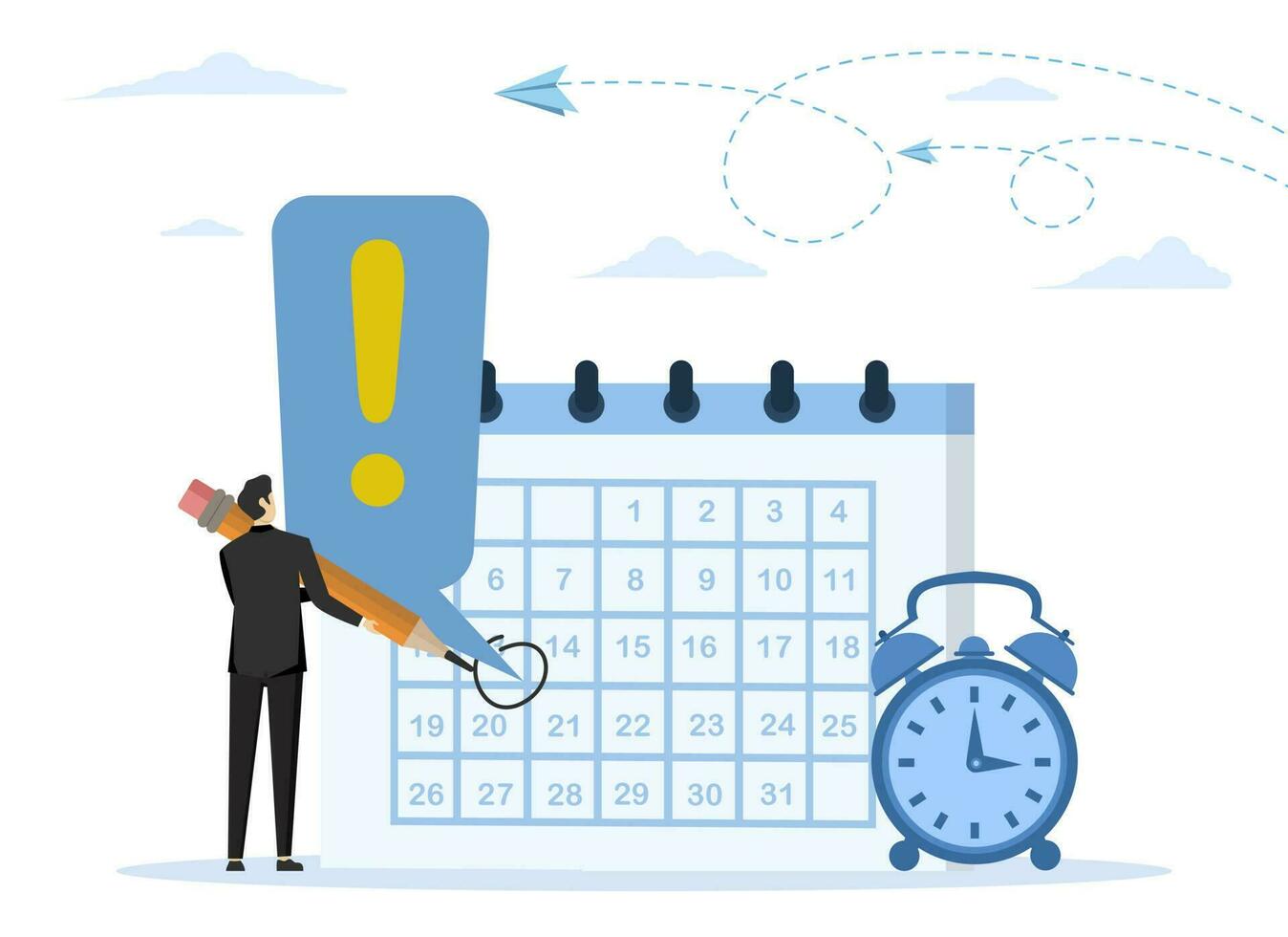 tijd herinnering concept, belangrijk afspraak kalender datum, vergadering of evenement herinnering of schema, werk deadline of lancering datum planning, zakenman met cirkel Aan belangrijk dag in kalender vector