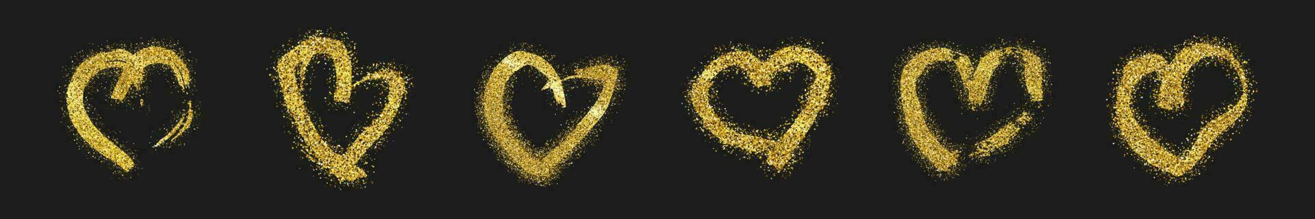 reeks van zes goud schitteren tekening harten Aan donker achtergrond. goud grunge hand- getrokken hart. romantisch liefde symbool. vector illustratie.