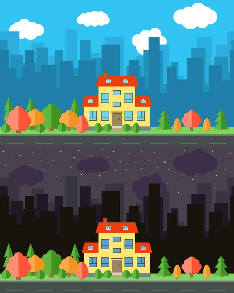 vector stad met tekenfilm huis in de dag en nacht.zomer stedelijk landschap. straat visie met stadsgezicht Aan een achtergrond