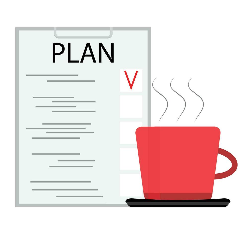 ochtend- koffie met planning. bedrijf plan en planning werkwijze. vector illustratie
