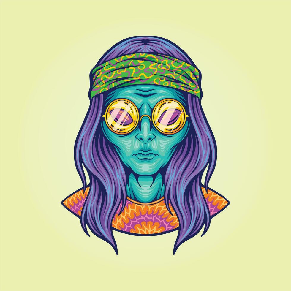 hippie buitenaards wezen meisje met bril psychedelisch logo illustraties vector