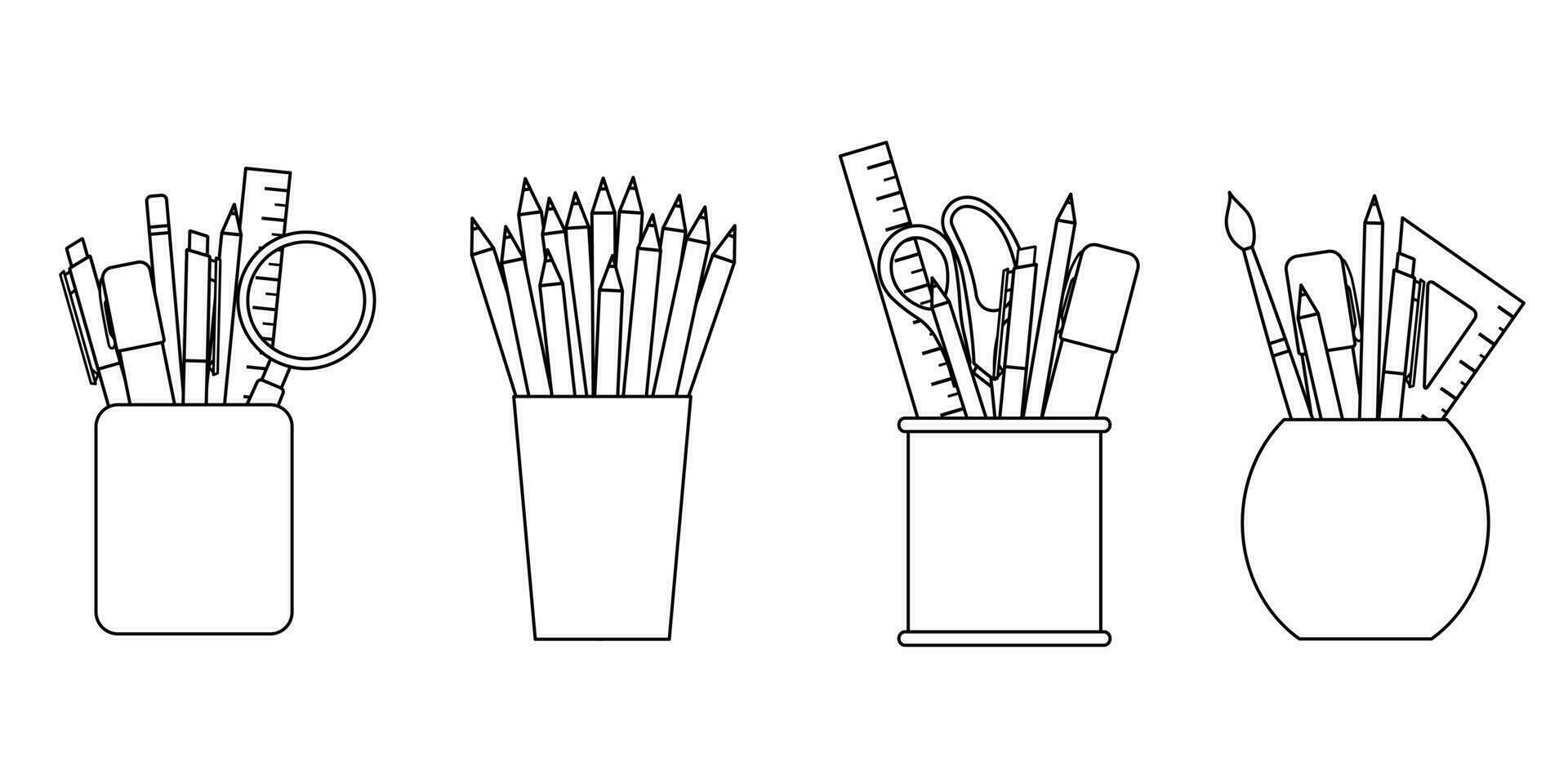 lineair icoon schrijfbehoeften in een glas, school- en kantoor benodigdheden, terug naar school, tekening en schetsen vector