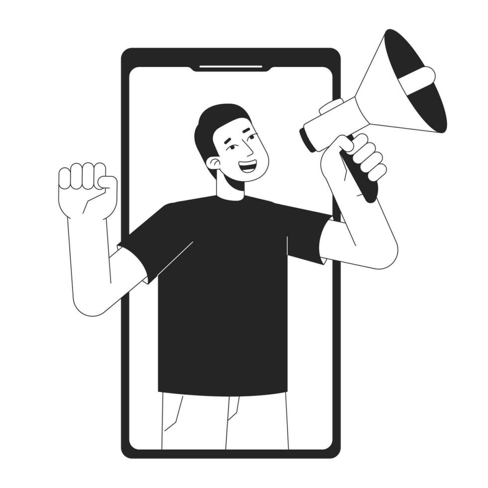 influencer afzet bw concept vector plek illustratie. Mens met megafoon in telefoon 2d tekenfilm vlak lijn monochromatisch karakter voor web ui ontwerp. Aankondiging bewerkbare geïsoleerd schets held beeld