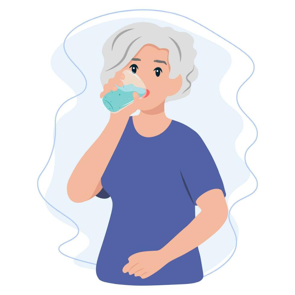 oud vrouw drinken een vers glas van water. gezond en duurzame levensstijl concept vector