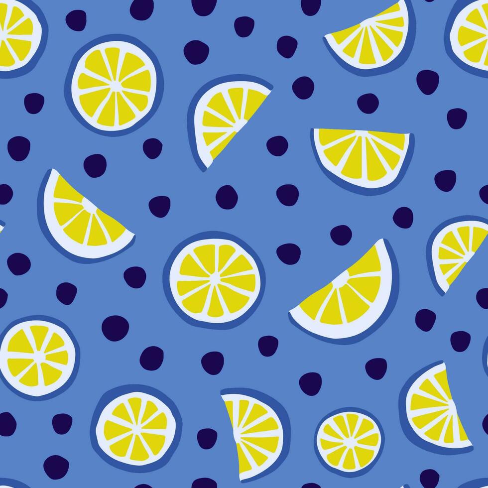 helder kleurrijk hand- getrokken stijl naadloos patroon met citroen plakjes Aan blauw achtergrond. vector illustratie, herhaling patroon.