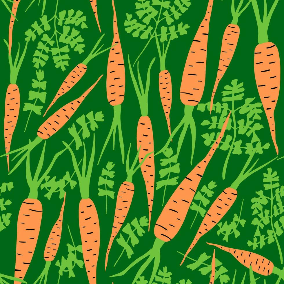 schattig oranje wortels met bladeren Aan groen achtergrond naadloos patroon. vector illustratie, herhaling patroon.