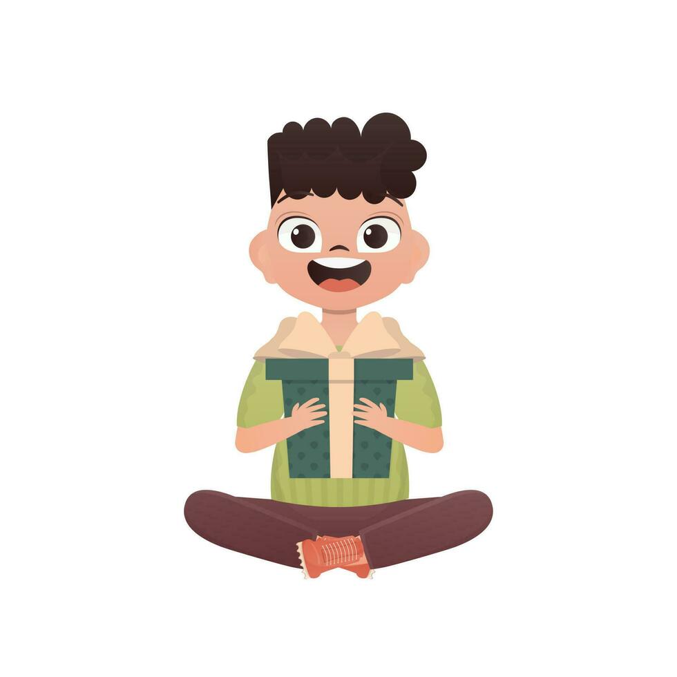 een klein jongen kind is afgebeeld in de lotus positie en Holding een doos met een boog in zijn handen. verjaardag, nieuw jaar of vakantie thema. tekenfilm stijl, geïsoleerd. vector