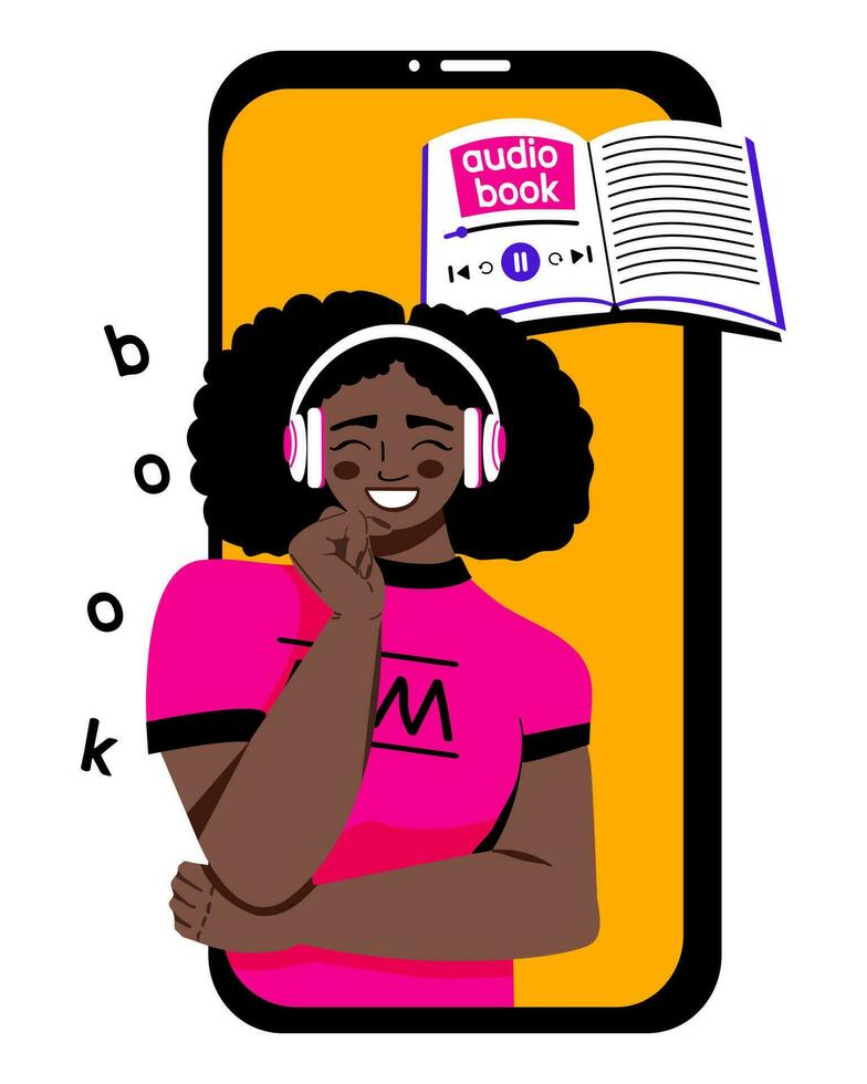 vrouw afro in draadloze hoofdtelefoons luisteren naar audio boek online. concept van online aan het leren. internet bibliotheek in de smartphone. vector illustratie