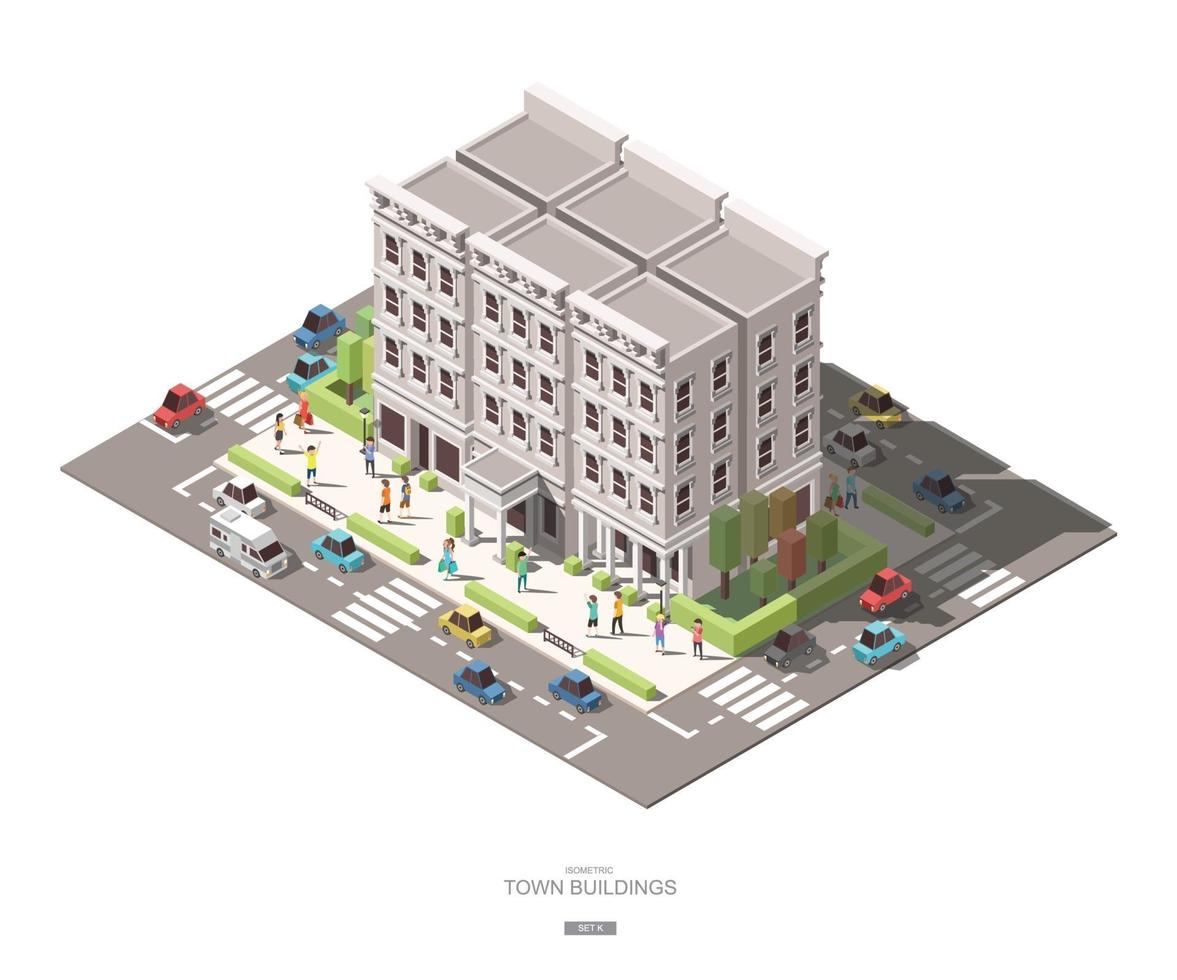 isometrische stadsgebouwen met mensen auto en boom vector icon design set k