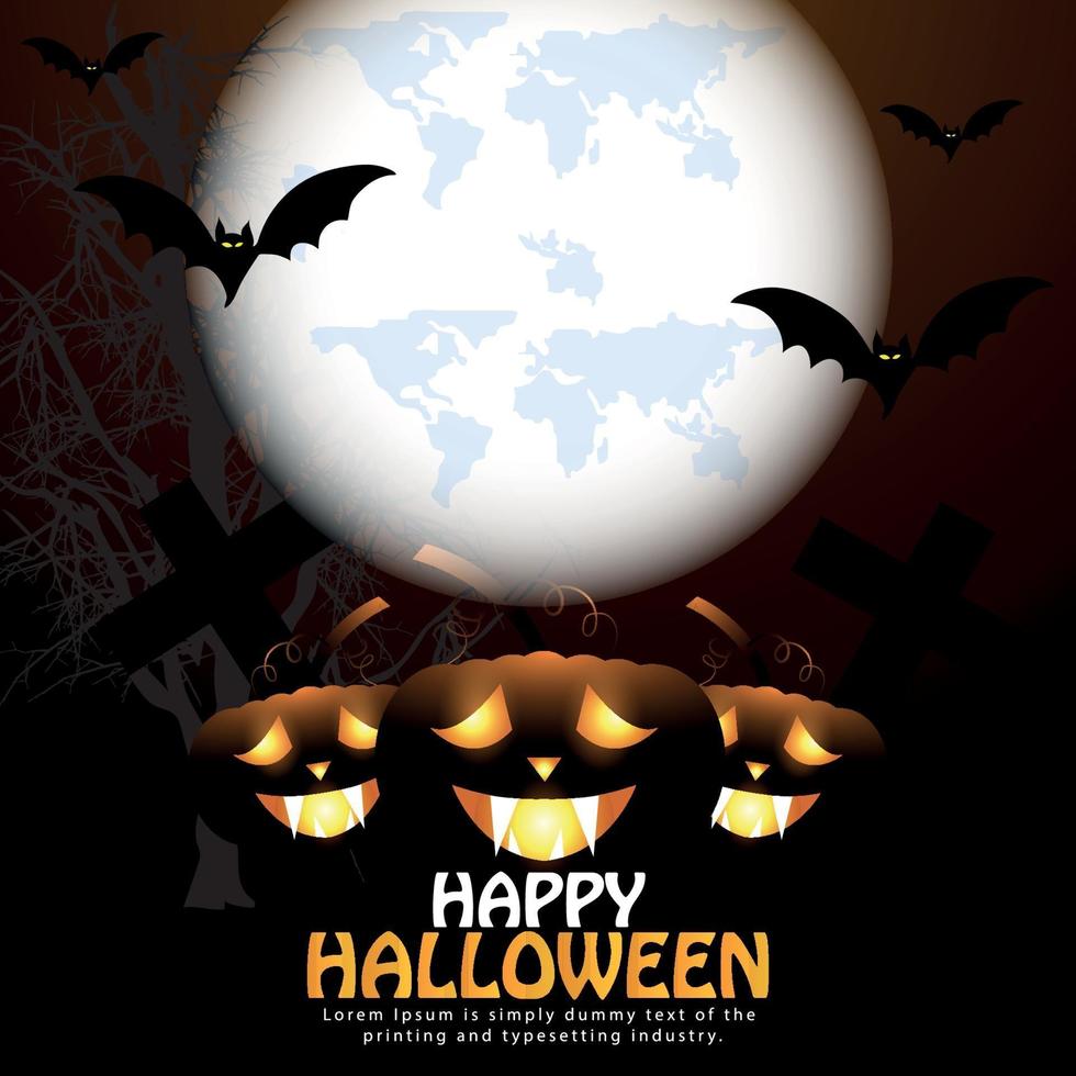 happy halloween night horror achtergrond met gloeiende pompoen, volle maan en vliegende vleermuizen vector