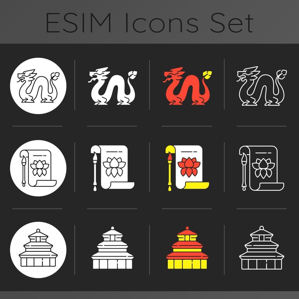 Chinese tradities donkere thema iconen set vector