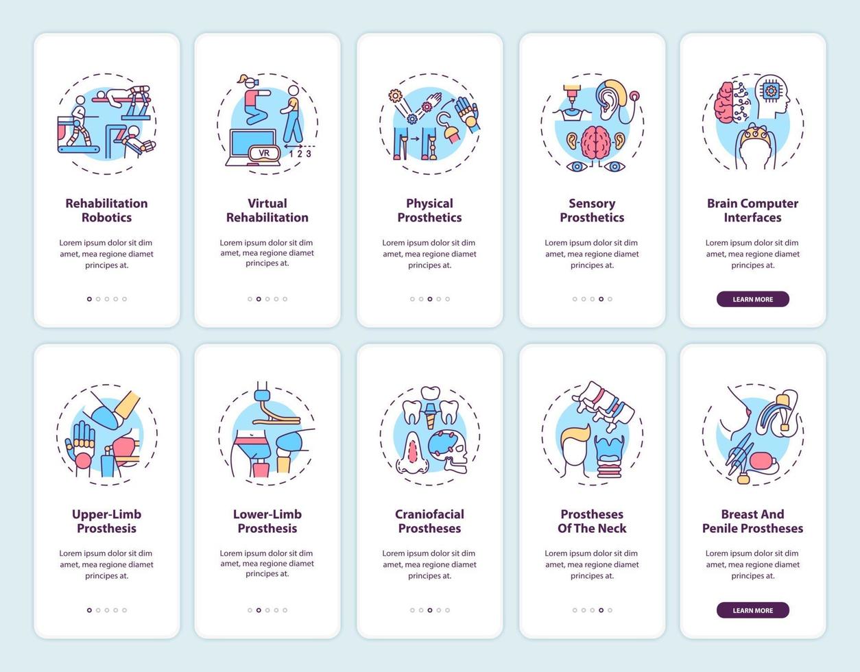 prothetische revalidatie onboarding mobiele app-paginascherm met ingestelde concepten vector