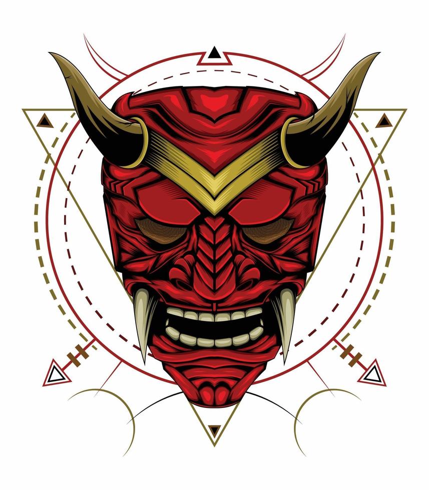 kabuki illustratie. rode duivel gezicht illustratie. hoofd van rode demon. Japans samoeraimasker vector