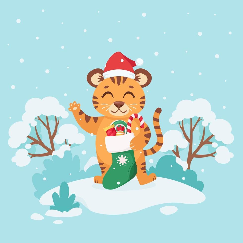 schattige tijger in een kerstmuts met kerstsok vector