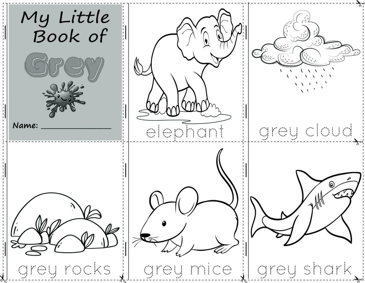 mijn weinig boek van grijs kleur voorwerpen grijs naar verf hen net zo ze zijn in echt leven. onderwijs activiteiten werkblad voor kinderen. olifant, grijs wolk, grijs steen, grijs muizen, grijs haai vector