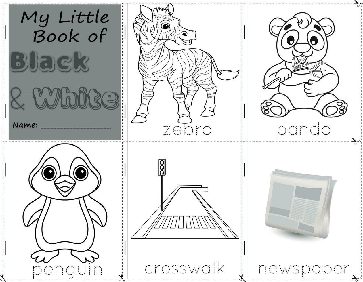 mijn weinig boek van zwart en wit kleur voorwerpen zwart en wit naar verf hen net zo ze zijn in echt leven. onderwijs activiteiten werkblad voor kinderen.zebra, panda, pinguïn, zebrapad, en krant- vector