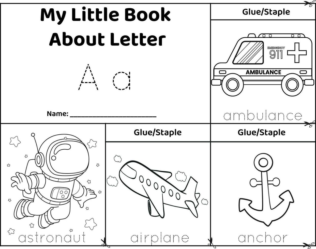 logisch afdrukbare werkblad alfabet begin geluiden omdraaien boek in zwart en witte.letter a. spoor woorden voor afbeeldingen. astronaut, ambulance, vliegtuig, en anker vector