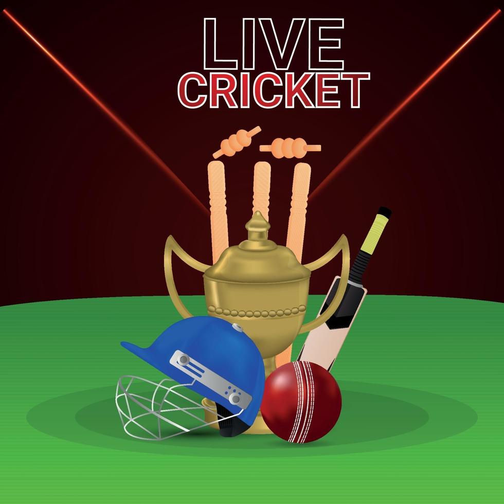 live cricket tounament-wedstrijd met cricketspeler, gouden trofee, knuppel en wickets vector