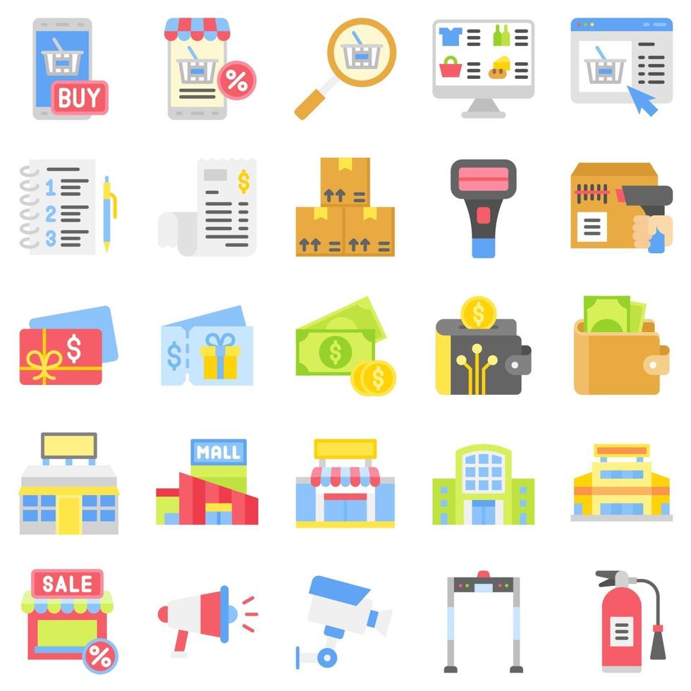 supermarkt en winkelcentrum gerelateerde icon set 8, vlakke stijl vector