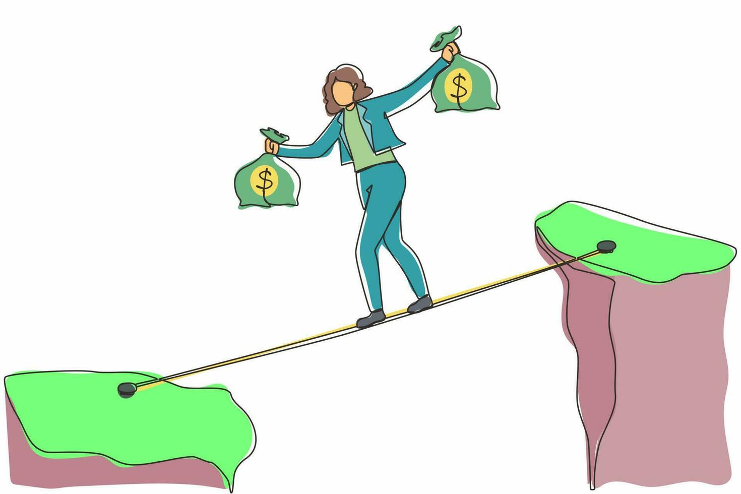 enkele doorlopende lijntekening zakenvrouw lopen over klif kloof berg dragen twee geldzakken riskeren gevaarlijk. vrouwelijke lopende balans op touwbrug. een lijn tekenen grafisch ontwerp vectorillustratie vector