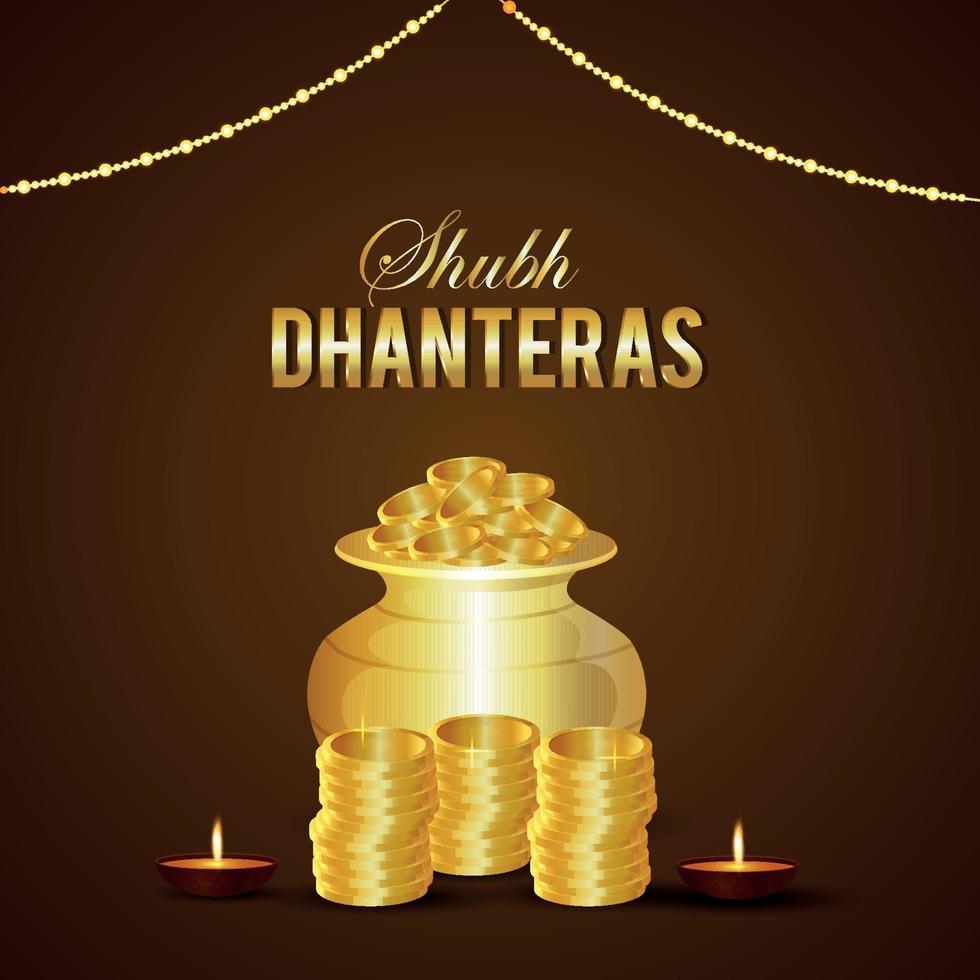 shubh dhanteras uitnodiging wenskaart met vectorillustratie van gouden munten pot vector