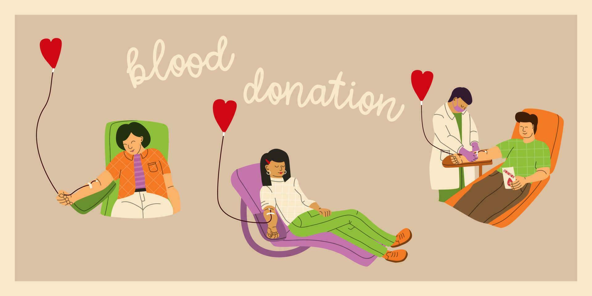 bloed schenker concept. mannen en Dames schenken bloed vrijwillig. een verpleegster of dokter in een medisch uniform en een beschermend masker assists Bij de bloed transfusie station. vector