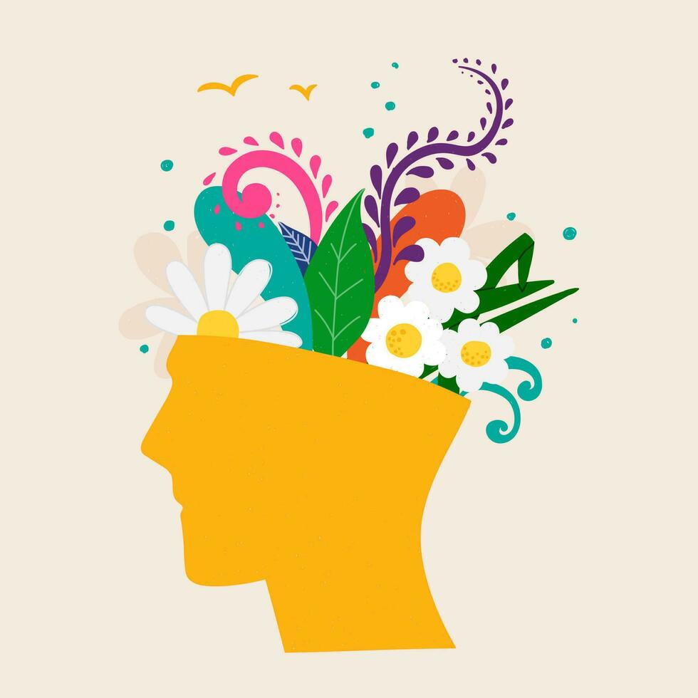 mentaal Gezondheid concept. abstract beeld van een hoofd met bloemen binnen. planten, bloem en bladeren net zo een symbool van inspiratie, rust, gunstig mentaal gedrag. vector hand- tekening illustratie.