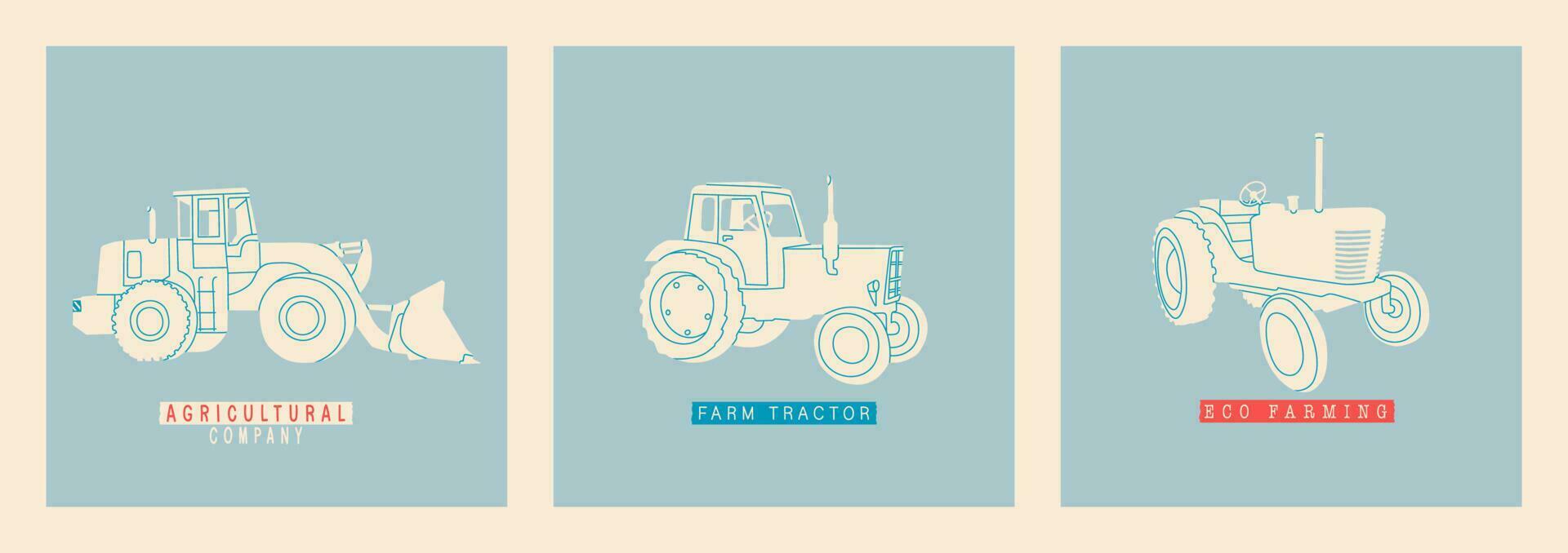 reeks van vector illustraties van tractoren. gemakkelijk vlak, retro stijl. tractor, hooi oogstmachine, oogstmachine, landbouwmotor. modern en verouderd modellen van voertuigen voor agro boerderijen. agrarisch bedrijf element.