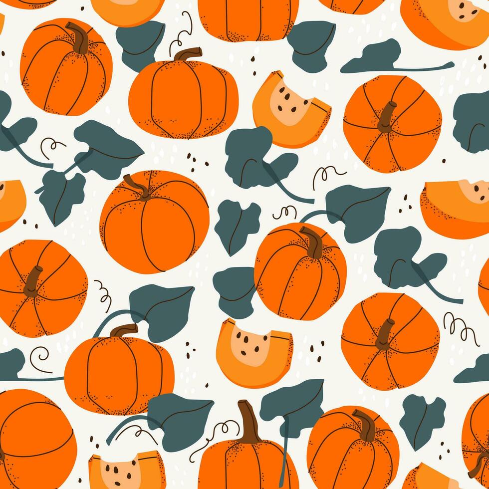 vector naadloos patroon met pompoen fruit, plakjes en bladeren. hand- tekening herfst achtergrond. voor ontwerp, afdrukken, textiel, papier.