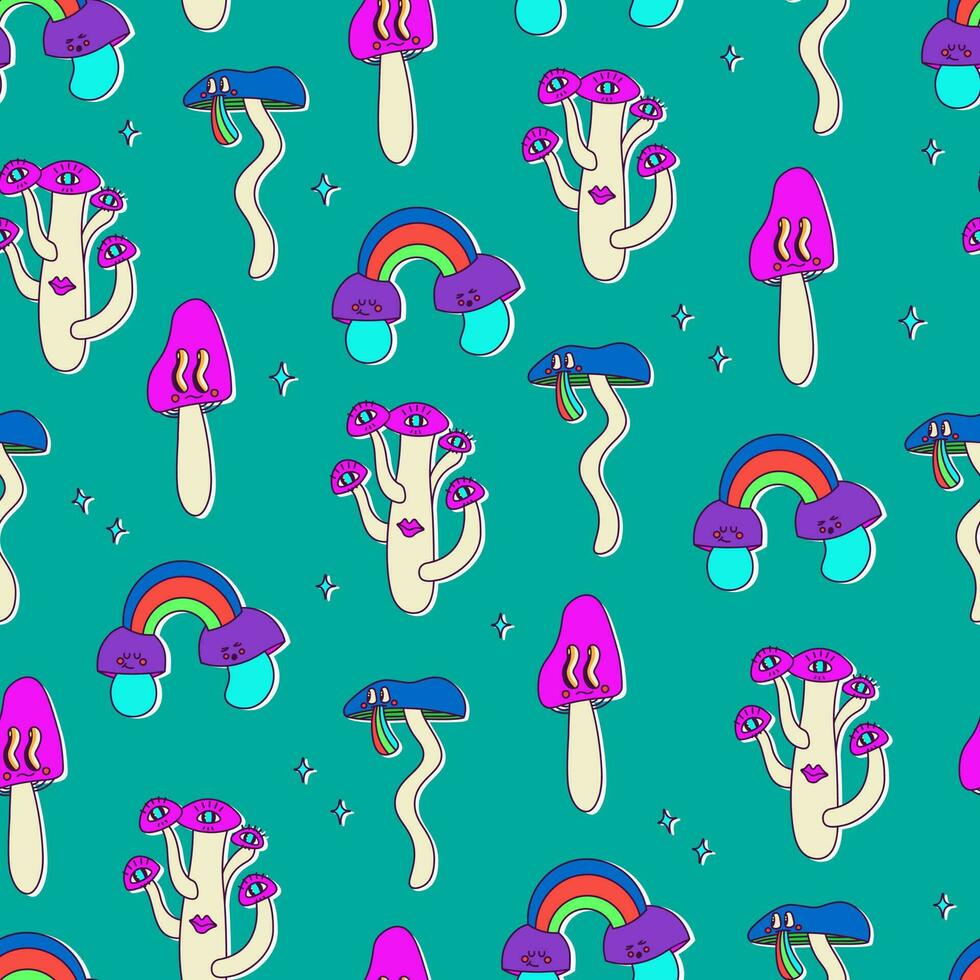 naadloos patroon van klassiek psychedelisch tekenfilm champignons met gezichten, ogen, tongen en wangen. schattig vector neon veelkleurig herhalen afdrukken Aan groen achtergrond.