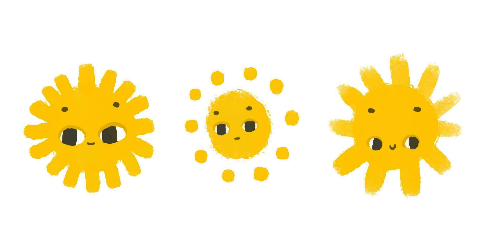 gemakkelijk zonnig illustratie met gezicht. schattig zon ontwerp sticker. baby kunst, geïsoleerd clip art vector