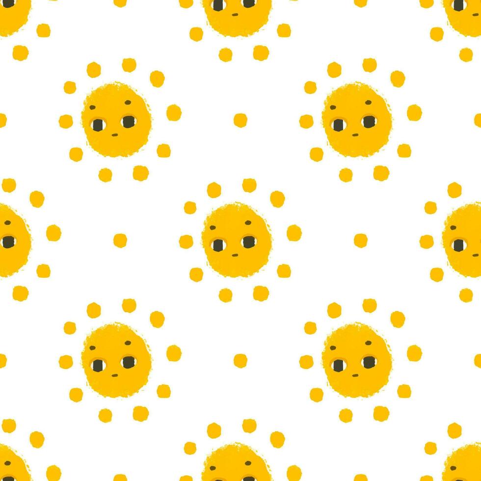 gemakkelijk naadloos patroon met grappig geel zonnen met gezicht. schattig kinderachtig kunst met zon Aan wit achtergrond. baby ontwerp en afdrukken, kleding stof ontwerp, muur kunst, omhulsel papper vector