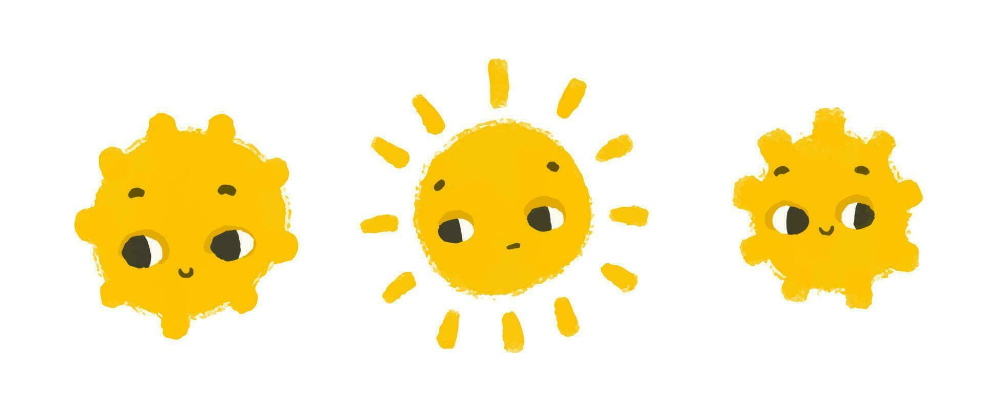 gemakkelijk zonnig illustratie met gezicht. schattig zon ontwerp sticker. baby kunst, geïsoleerd clip art vector