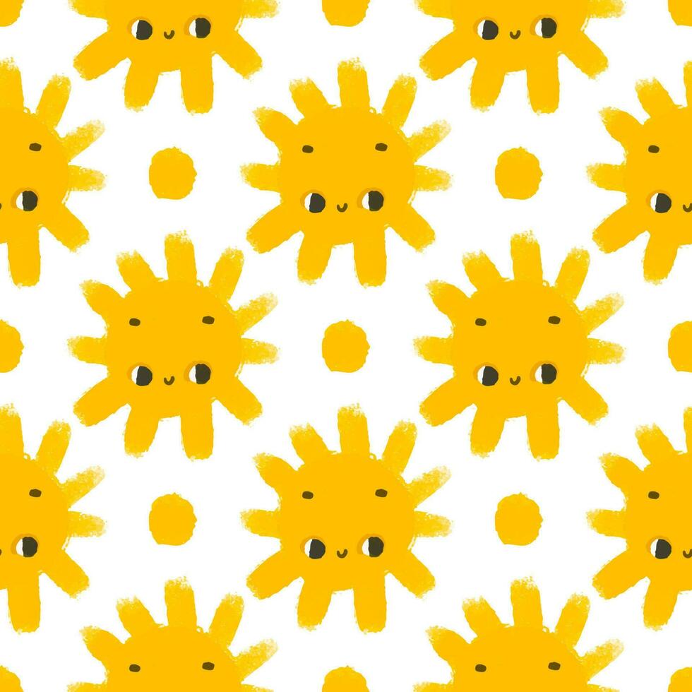 gemakkelijk naadloos patroon met grappig geel zonnen met gezicht. schattig kinderachtig kunst met zon Aan wit achtergrond. baby ontwerp en afdrukken, kleding stof ontwerp, muur kunst, omhulsel papper vector