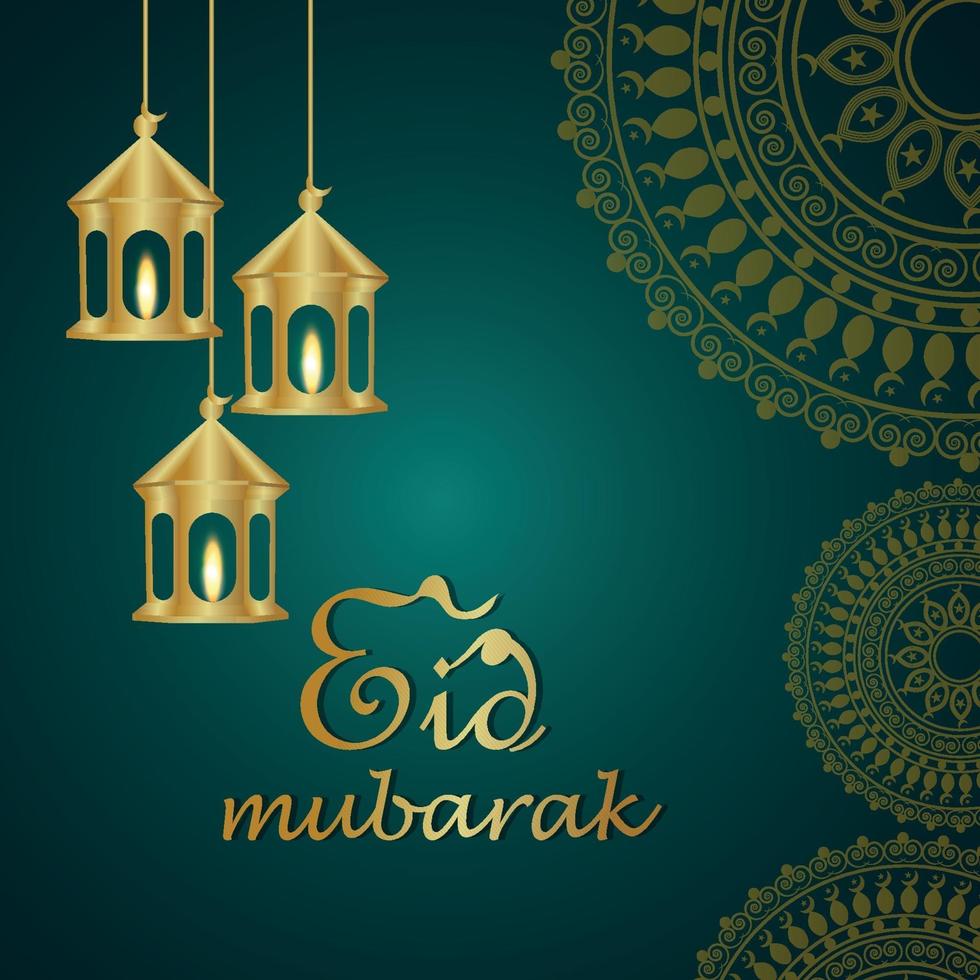 eid mubarak islamitische festival uitnodiging wenskaart met gouden lantaarn vector